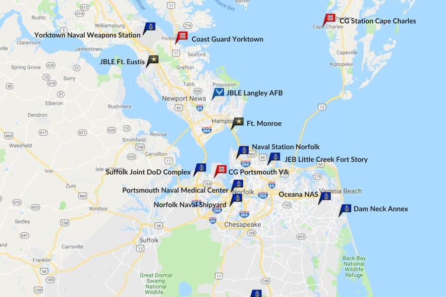 map of Hampton Roads military bases