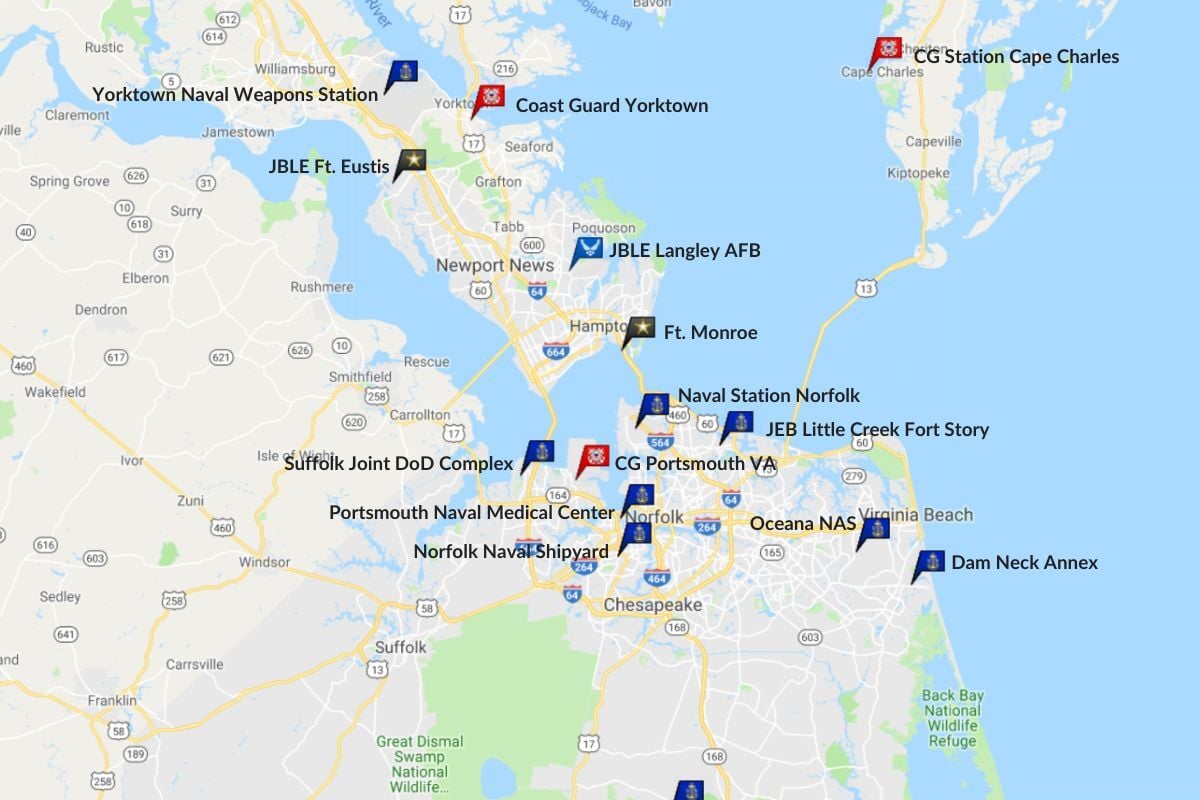 map of Hampton Roads military bases