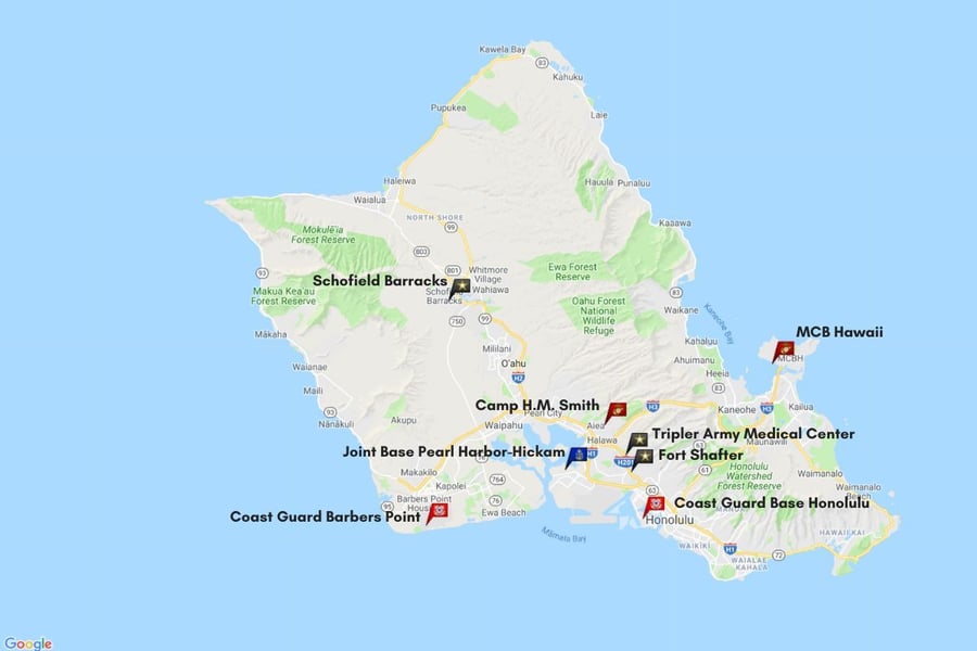 map of Oahu showing military bases across the island