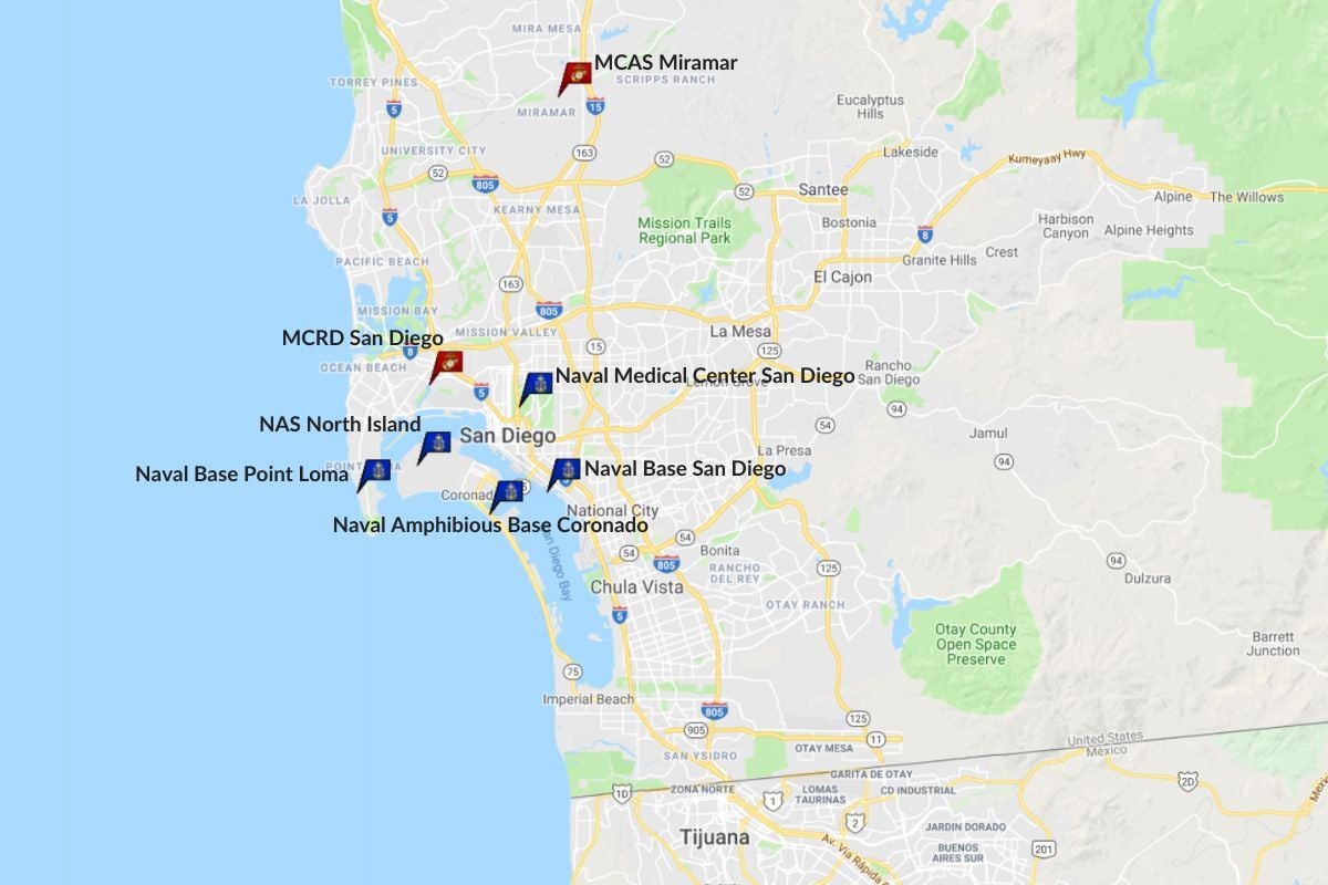 map of military bases near San Diego CA