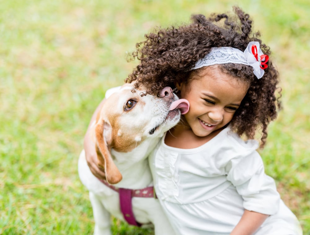 Happy girl with her pet dog licking her face