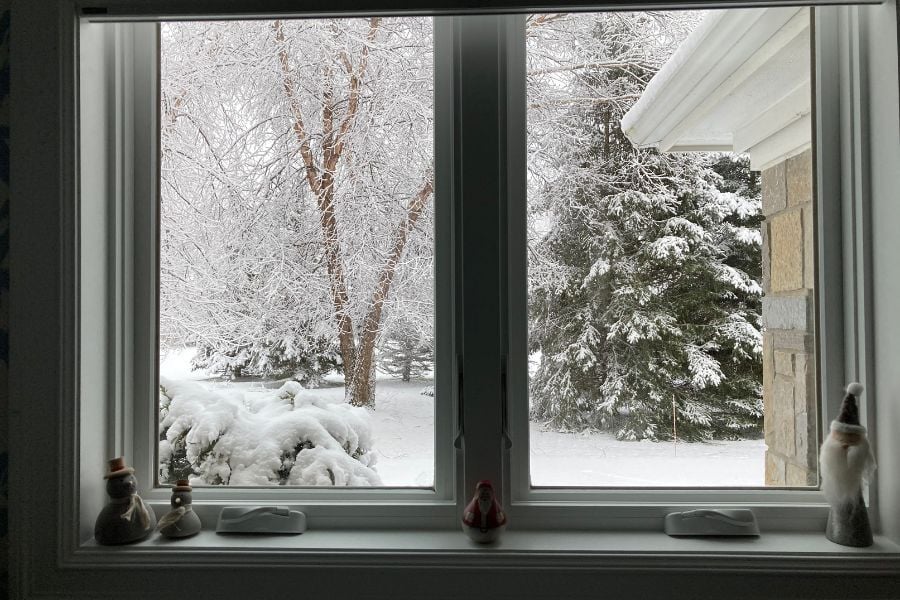 Window with Christmas decorations on the sill with view to mature trees covered in snowfall outside.