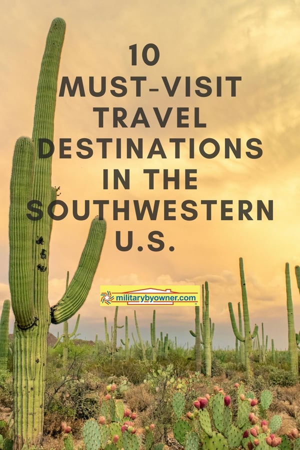 Desert landscape with cactus and soft yellow sky with text, 10 must-visit travel destinations in the southwestern u.s.
