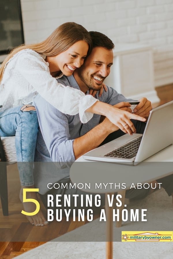 Woman leaning over man smiling at computer on table with text, 5 Common Myths About Renting vs. Buying a Home