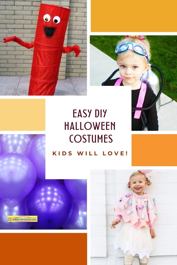 Images of children's halloween costumes overlaid with text 5 Easy DIY Halloween Costumes Your Kids Will Love