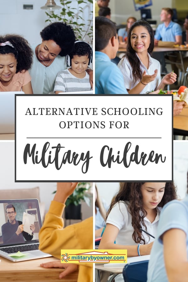 Collage of children and families attending school with text, Alternative Schooling Options for Military Children