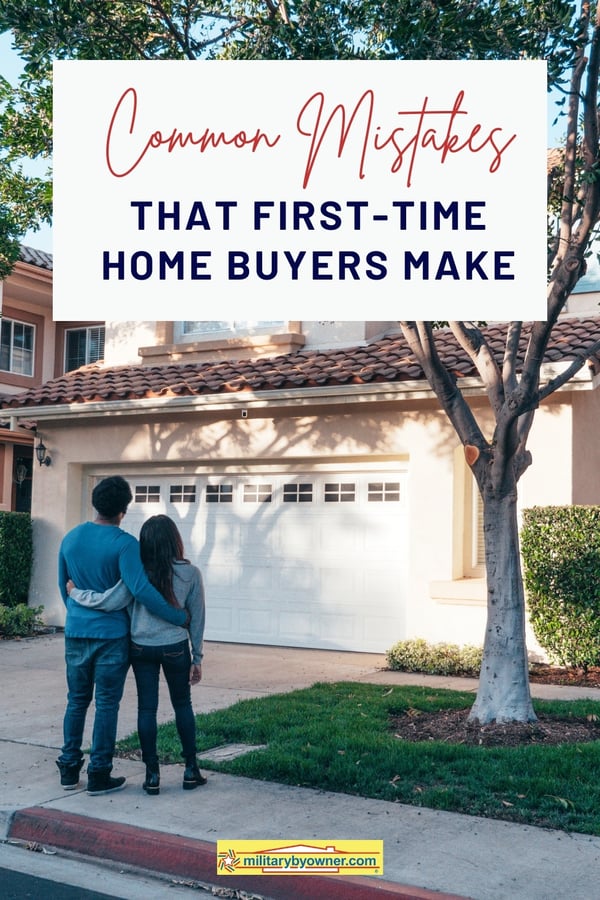 Couple wearing blue hold an arm around one another as they face a beige stucco house with windows on garage door. Mature tree is in the front yard. Text, Common Mistakes that first-time home buyers make-1
