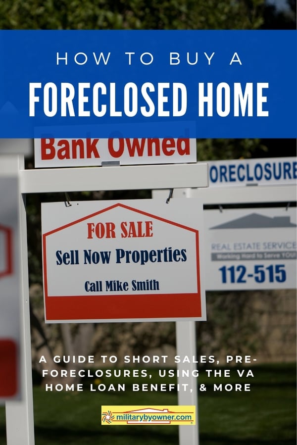 home foreclosure signs in red, white, and blue, overlaid with text How to Buy a Foreclosed Home