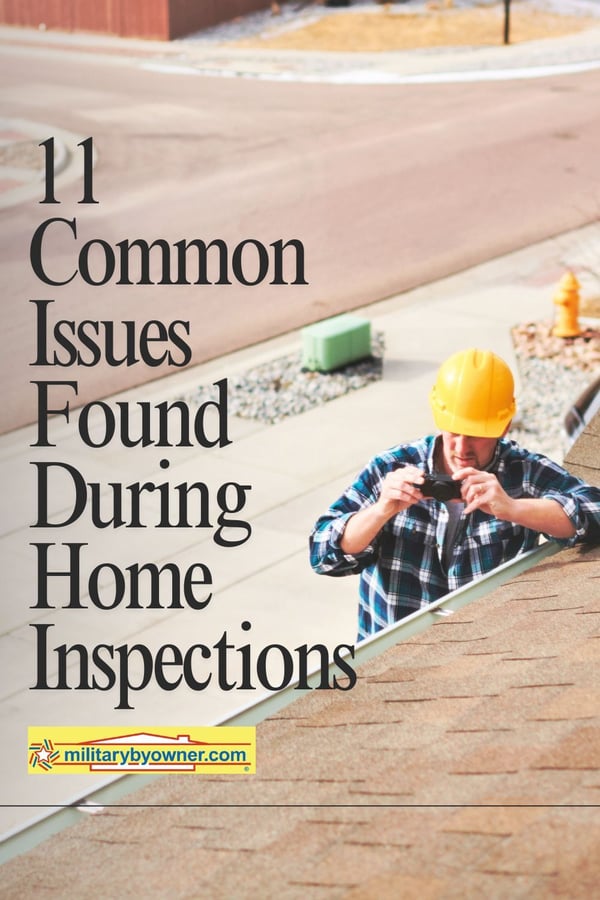 Home inspector wearing plaid shirt and yellow hard hat takes pictures of gutters with text, 11 Common Issues Found During Home Inspections