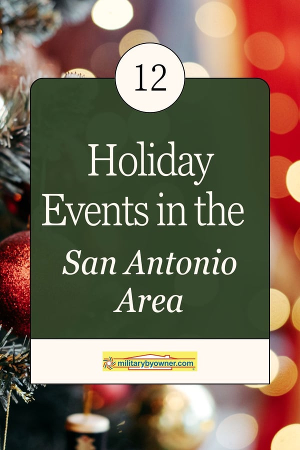 Christmas tree with red bulbs and lights out of focus with text, 12 Holiday Events in the San Antonio Area