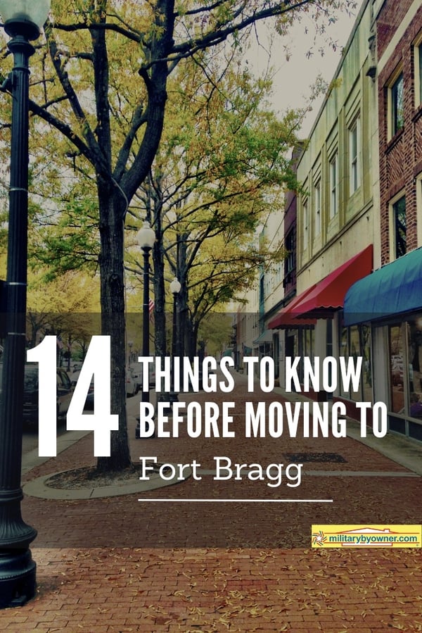 Sidewalk in Fayetteville, NC with text, 14 Things to Know Before a Move to Fort Bragg