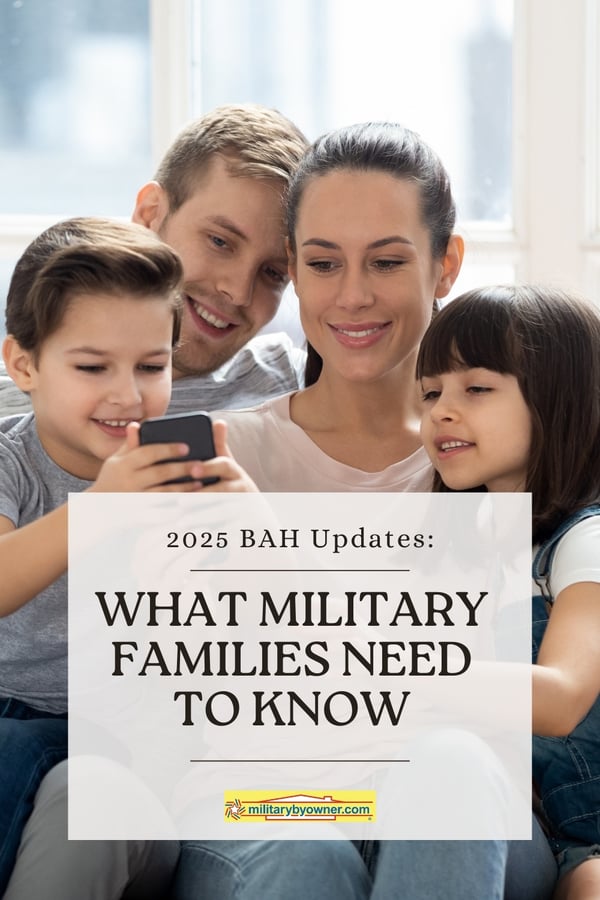 Family of four, (mom, dad, daughter, son) wearing blue, grey, and pink, sit together looking at phone with text 2025 BAH UPDATES: What Military Families Need to Know 