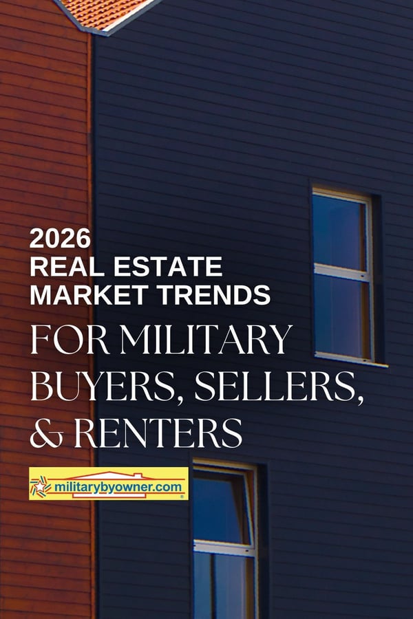 Orange and blue townhomes with text, 2026 Real Estate Market Trends for Military Buyers, Sellers, & Renters-2