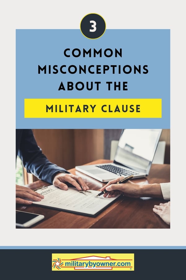 Picture of people sitting at desk across from each other signing paperwork on clipboard with keys, computer, and phone and text, 3 Common Misconceptions about the Military Clause