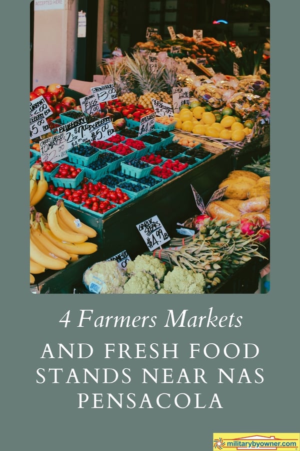 Photo of vibrant berries, fruit, and vegetables on display and prices at farmers market with text, 4 Farmers Markets & Fresh Food Stands