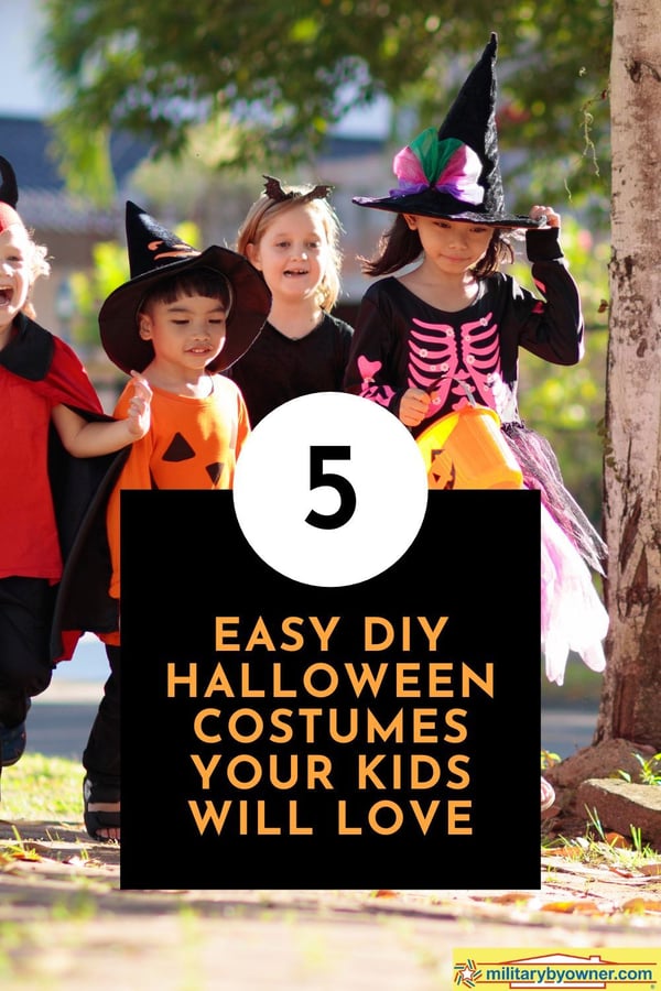 Kids trick or treating in Halloween costumes with text, 5 Easy DIY Halloween Costumes Your Kids Will Love