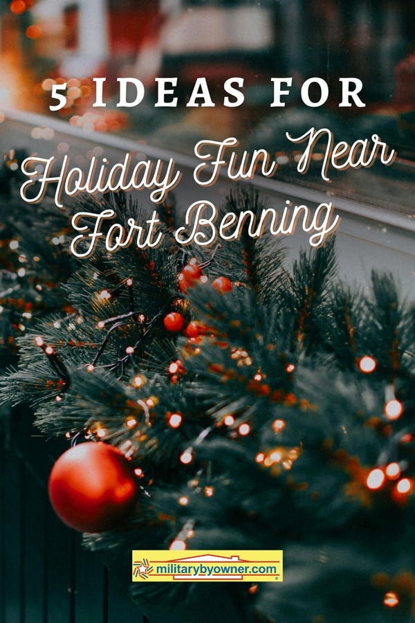 Christmas garland with red lights and bulbs with text, 5 Ideas for Holiday Fun Near Fort Benning