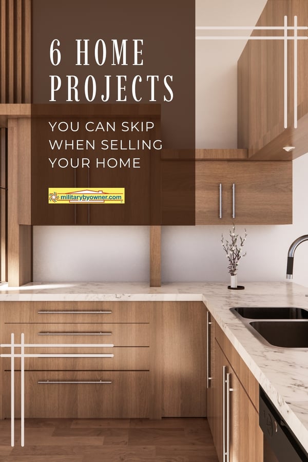 Modern, contemporary kitchen with wooden cabinets, long metal drawer handles, and white marble counters with text, 6 Home Projects You Can Skip When Selling Your Home