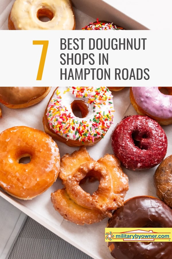 Photo of assorted donuts in a box; including glazed, maple, red velvet, sprinkles, old fashioned, and chocolate with text, 7 Best Doughnut Shops in Hampton Roads (Pinterest Pin)