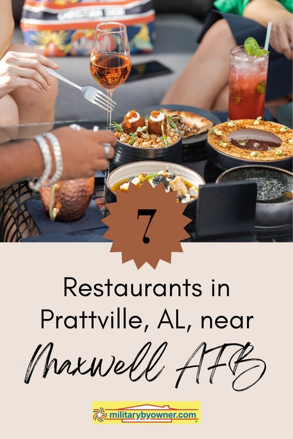 Photo of people sitting around restaurant table eating off of black dishes with text, 7 Restaurants in Prattville, Alabama, near Maxwell AFB