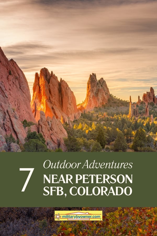 Photo of the Garden of the Gods in Colorado Springs with warm colored foliage with text 7 outdoor adventures Near Peterson AFB