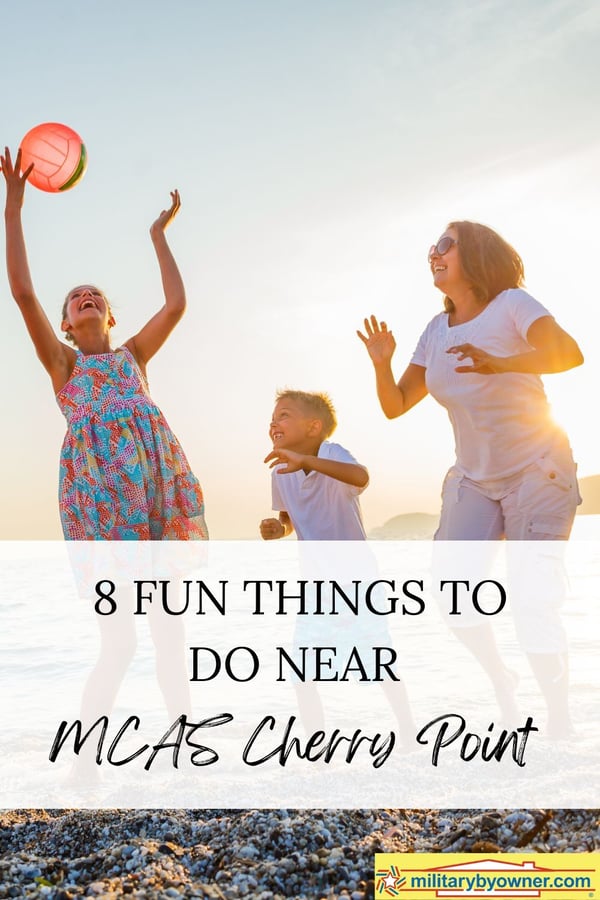 Mom and two children playing on beach with ball and text, 8 Fun Things to Do Near MCAS Cherry Point