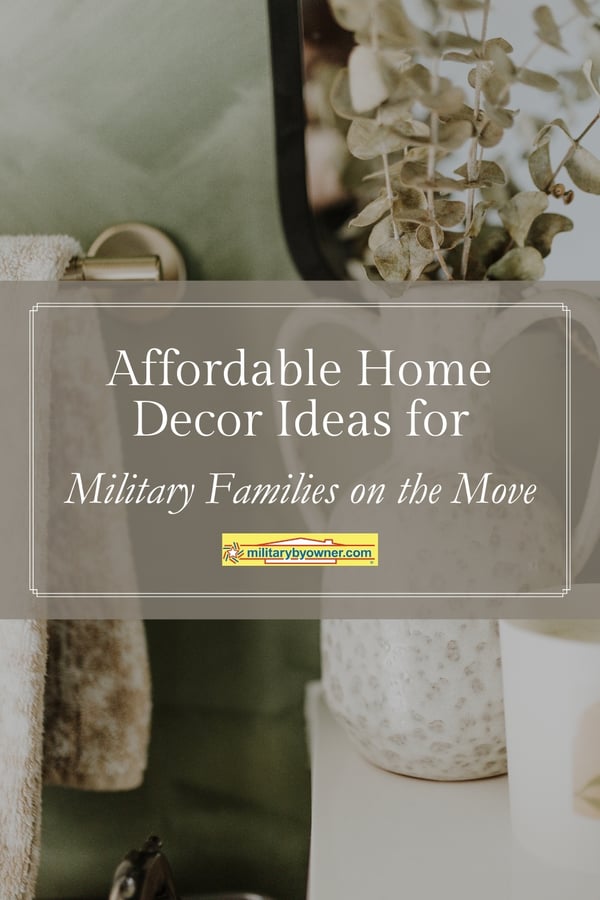 Green bathroom decorated with tan and white accessories with text, Affordable Home Decor Ideas for Military Families