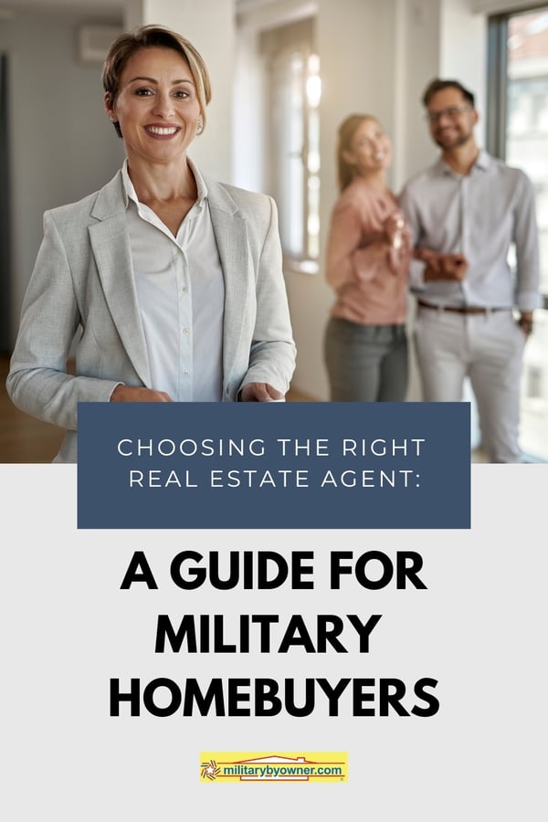 Real estate agent in focus smiling at camera while couple stand behind out of focus smiling. Choosing the Right Real Estate Agent A Guide for Military Home Buyers-1