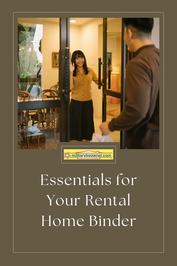 Female landlord wearing a button down and black skirt smiles and waves hello while holding door open to home to man with text, Essentials for Your Rental Home Binder