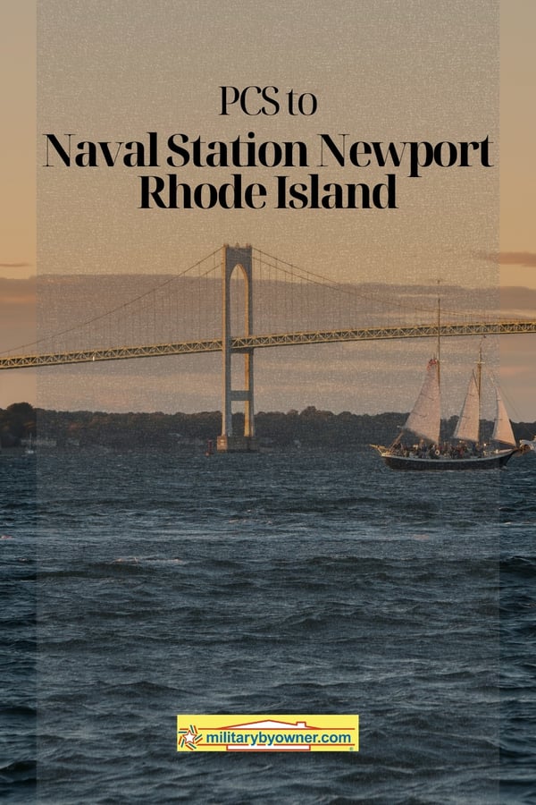 Newport Rhode Island bridge with sail boat and text, Explore Naval Station Newport, Rhode Island 