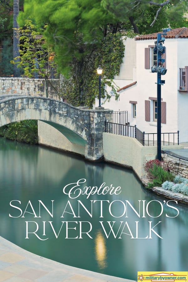 View of San Antonio River Walk with landscaping and stucco buildings with text, Explore San Antonios River Walk-1