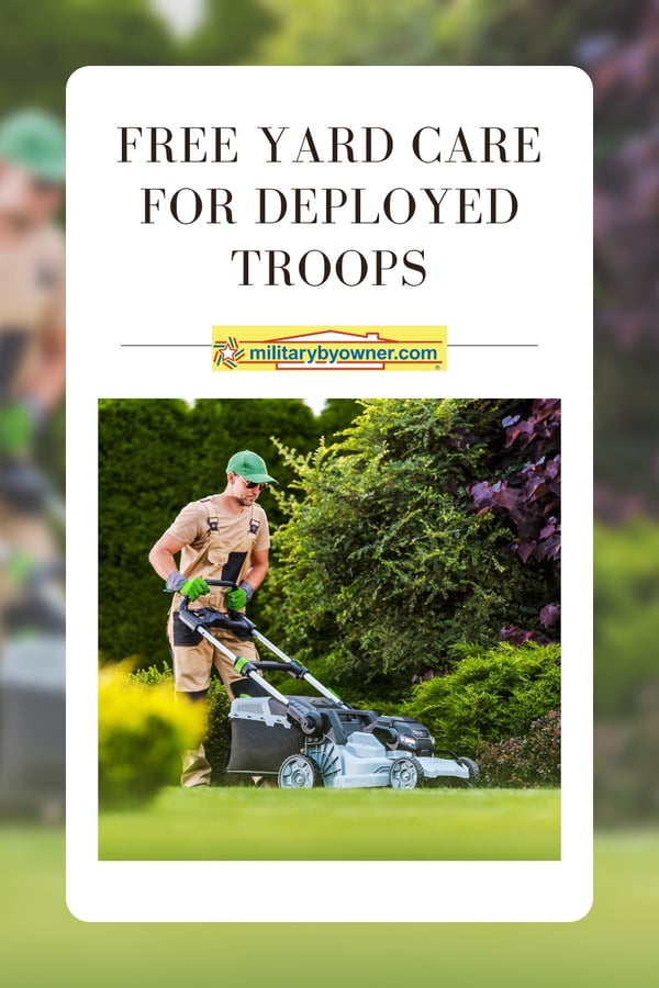 Photo of man in tan uniform with green gloves and hat mowing yard with vibrant trees with text, Free Yard Care for Deployed Troops
