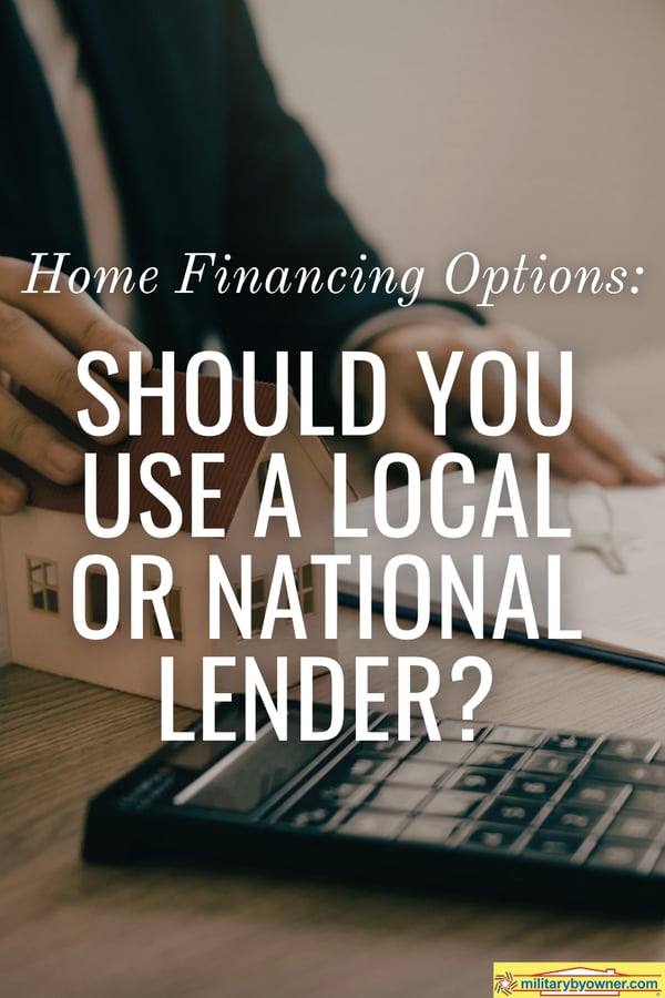 Man wearing suit sits with his hand on a model house and paperwork with house key and calculator with text, Home Financing Options: Should You Use a Local or National Lender