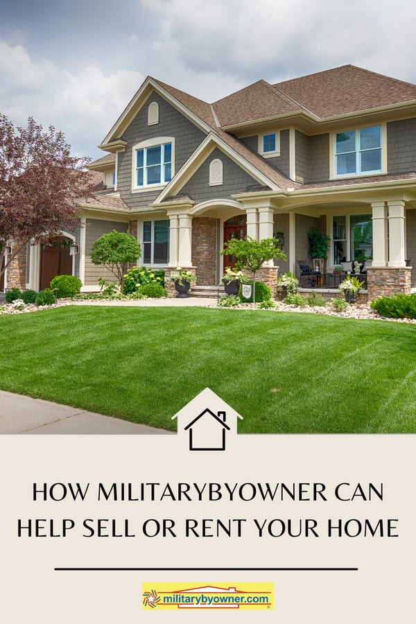 Craftsman style home with neutral siding, cream trim, and a bright green yard with text, How MilitaryByOwner Can Help Sell or Rent Your Home