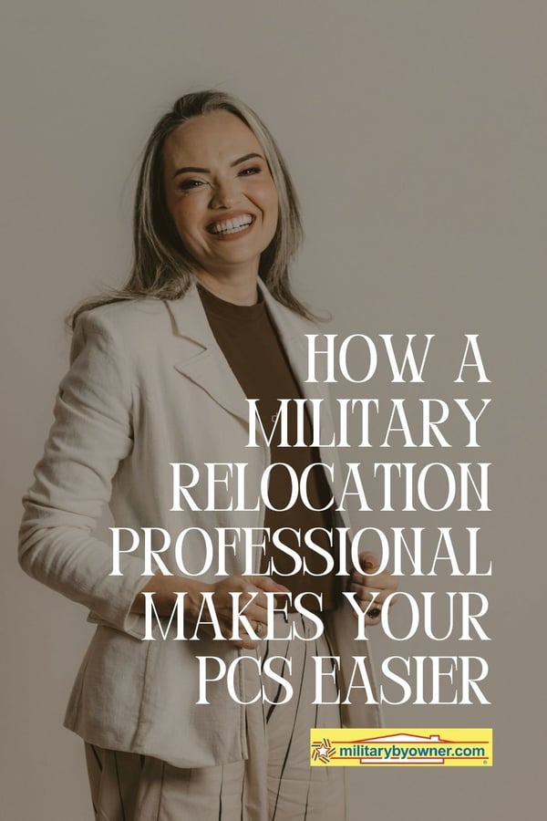 Woman in tan linen suit grabs edges of jacket in hand and smiles at the camera with text, How a Military Relocation Makes Your PCS Easier