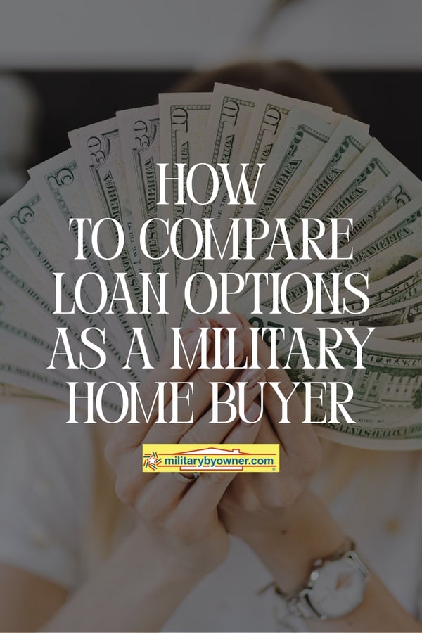 Woman wearing silver watch and rings holding fanned out cash with text, How to Compare Loan Options as a Military Home Buyer