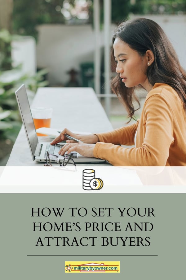 Woman typing on computer at outside table with glasses folded next to her with text, How to Set Your Homes Price and Attract Buyers