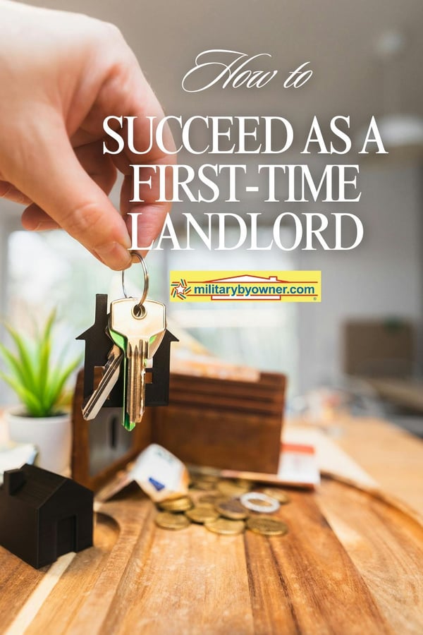 Hand holding keys over wooden table in home with coins and model house below with text, How to Succeed as a First-Time Landlord