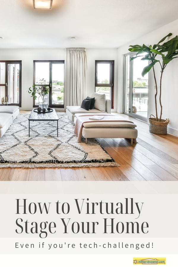 Virtually staged living room with text, How to Virtually Stage Your Home
