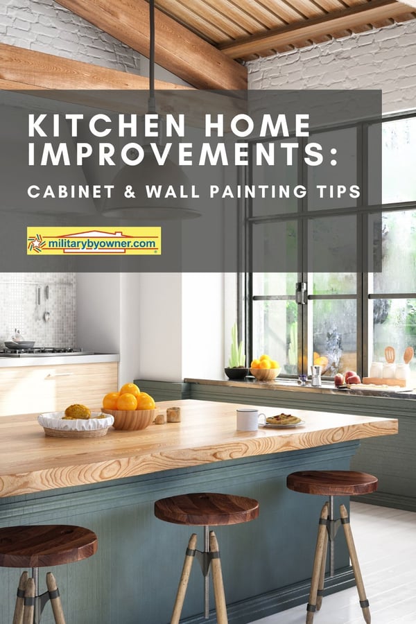 Cozy kitchen with dark painted cabinets, large windows, white walls, and natural wood countertops with bright citrus fruits in bowls, a coffee mug, and a waffle on a plate with text, Kitchen Home Improvements Cabinet & Wall Painting Tips