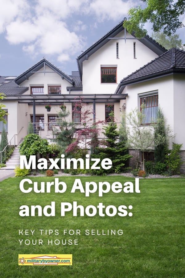Neutral modern home with beautiful landscaped shrubs and trees with green yard and text, Maximize Curb Appeal and Photos Key Tips for Selling Your House