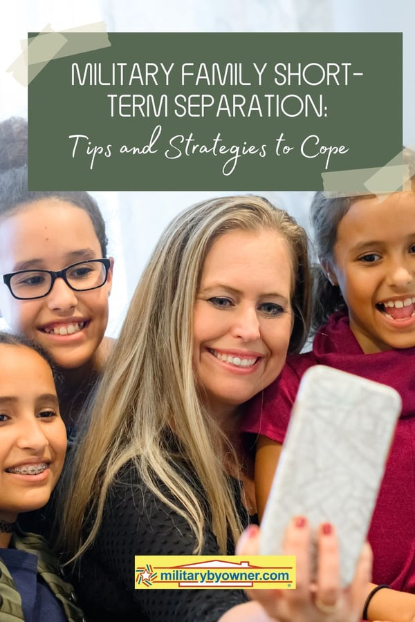 Mom and kids gather around phone to FaceTime with text, Military Family Short-Term Separations Tips and Strategies to Cope