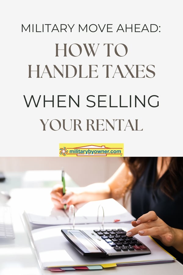 Woman in black shirt types on calculator while writing in binder with green pen and text, Military PCS Ahead How to Handle Taxes When Selling Your Rental