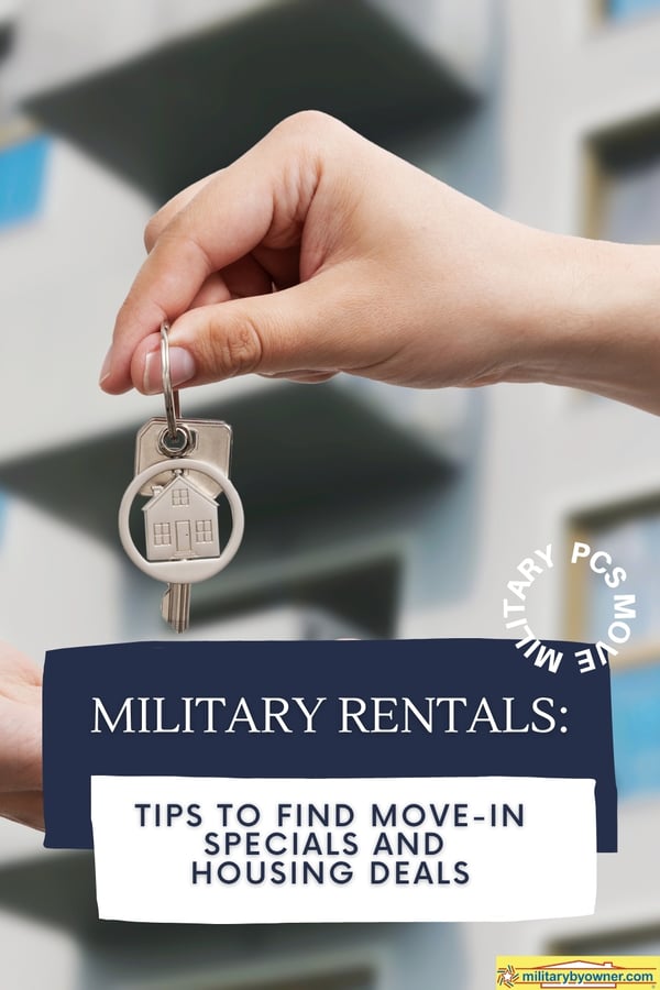 Person holding house keys over some else's outstretched hand in front of condos with text, Military Rentals: Tips to Find Move-In Specials and Housing Deals