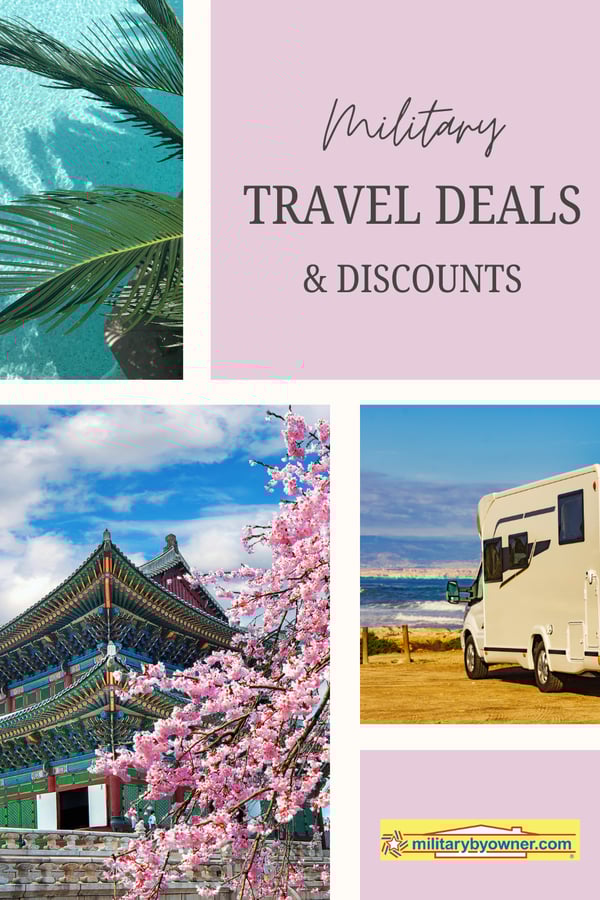 Collage of military travel destinations including Seoul, camping in the desert, and palm tree with text Military Travel Deals & Discounts