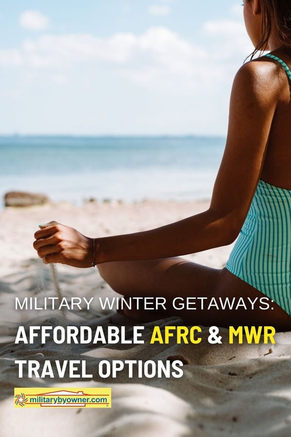 Girl sitting on beach in green striped one-piece swimsuit with text, Military Winter Getaways Affordable AFRC & MWR Travel Options 2