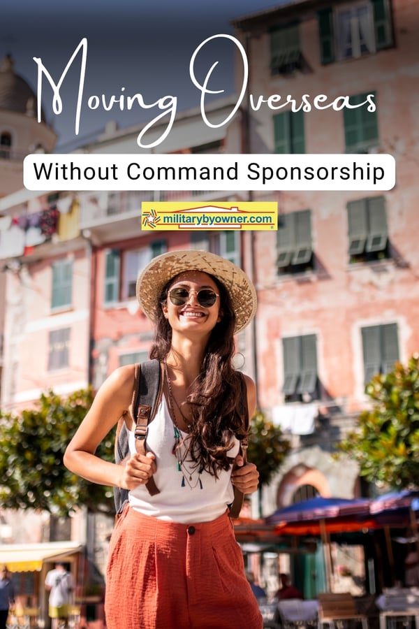 Woman in hat and sunglasses with backpack on city street smiling and text, Moving Overseas without Command Sponsorship