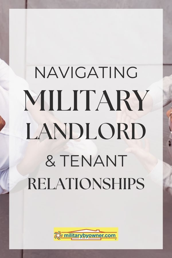 Aerial view of two people facing each other and talking with their hands with text, Navigating Military Landlord and Tenant Relationships
