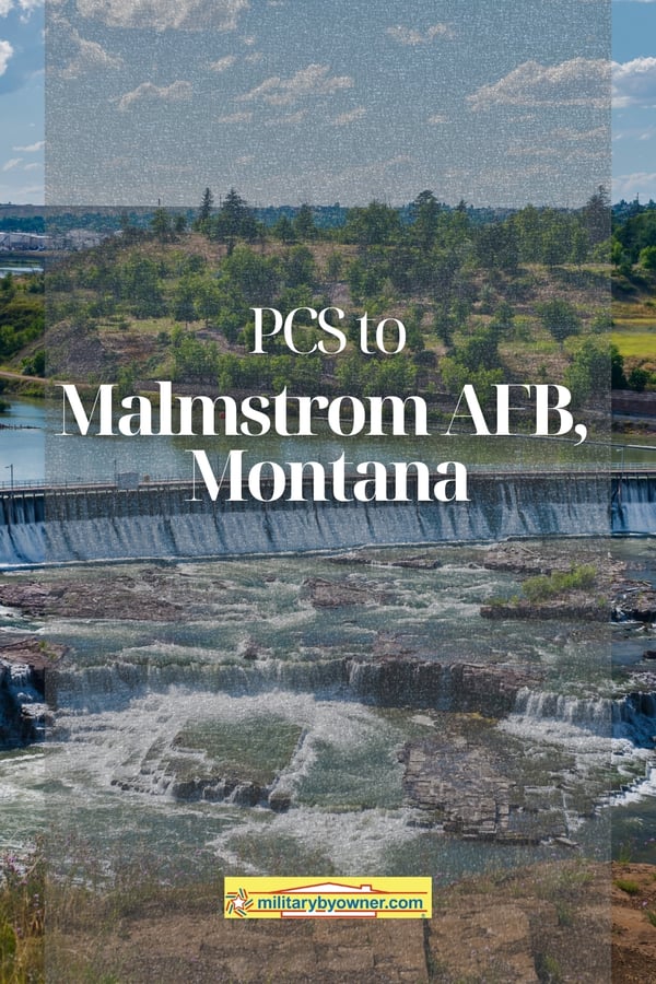 view of waterfall, green trees, and blue sky with clouds atGreat Falls, Montana with text, PCS to Malmstrom AFB, Montana