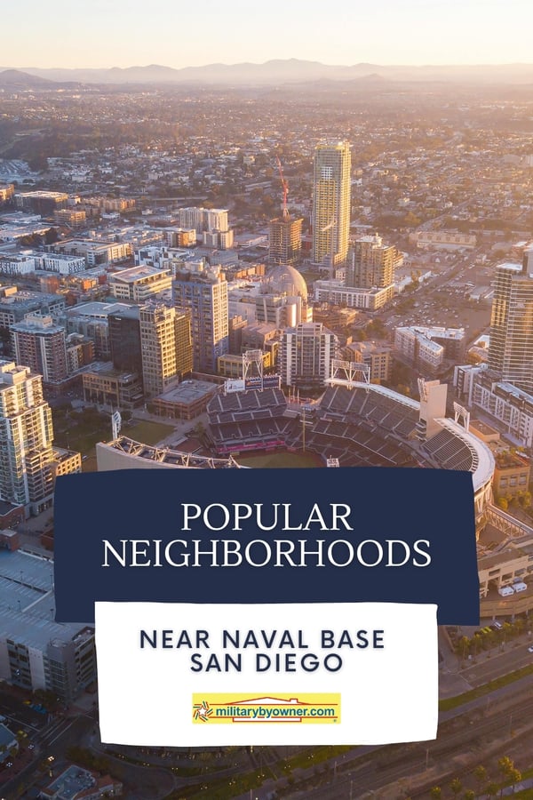 Ariel view of downtown San Diego with soft evening sun shining down on Petco Park with text, Popular Neighborhoods Near Naval Base San Diego